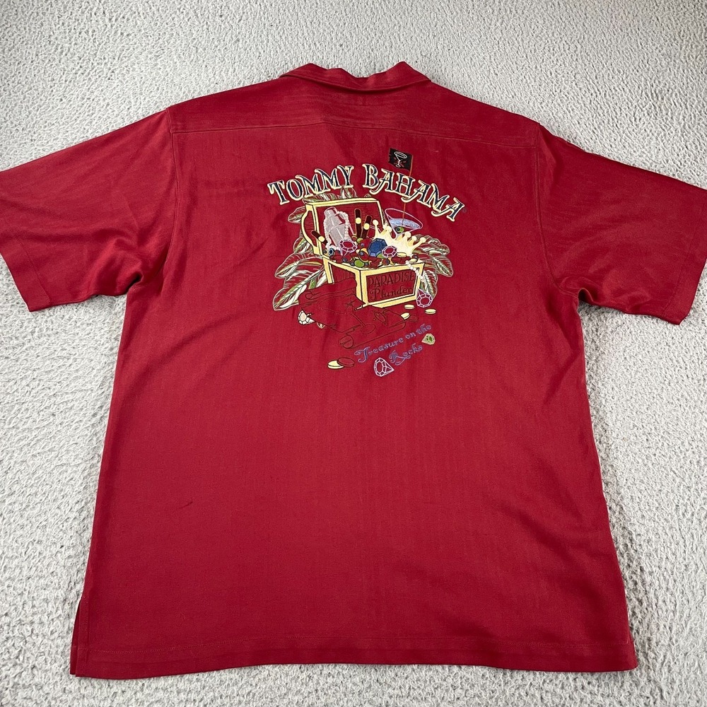 Tommy Bahama Shirt Mens Large Red Silk Paradise Plunder Embroidered Pirate Bar